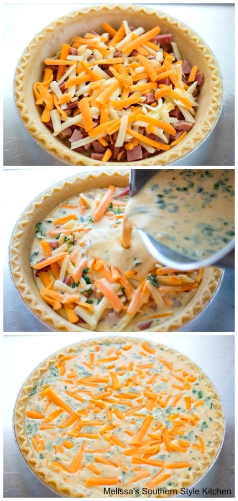 step-by-step images of quiche with pie crust cheese and ham