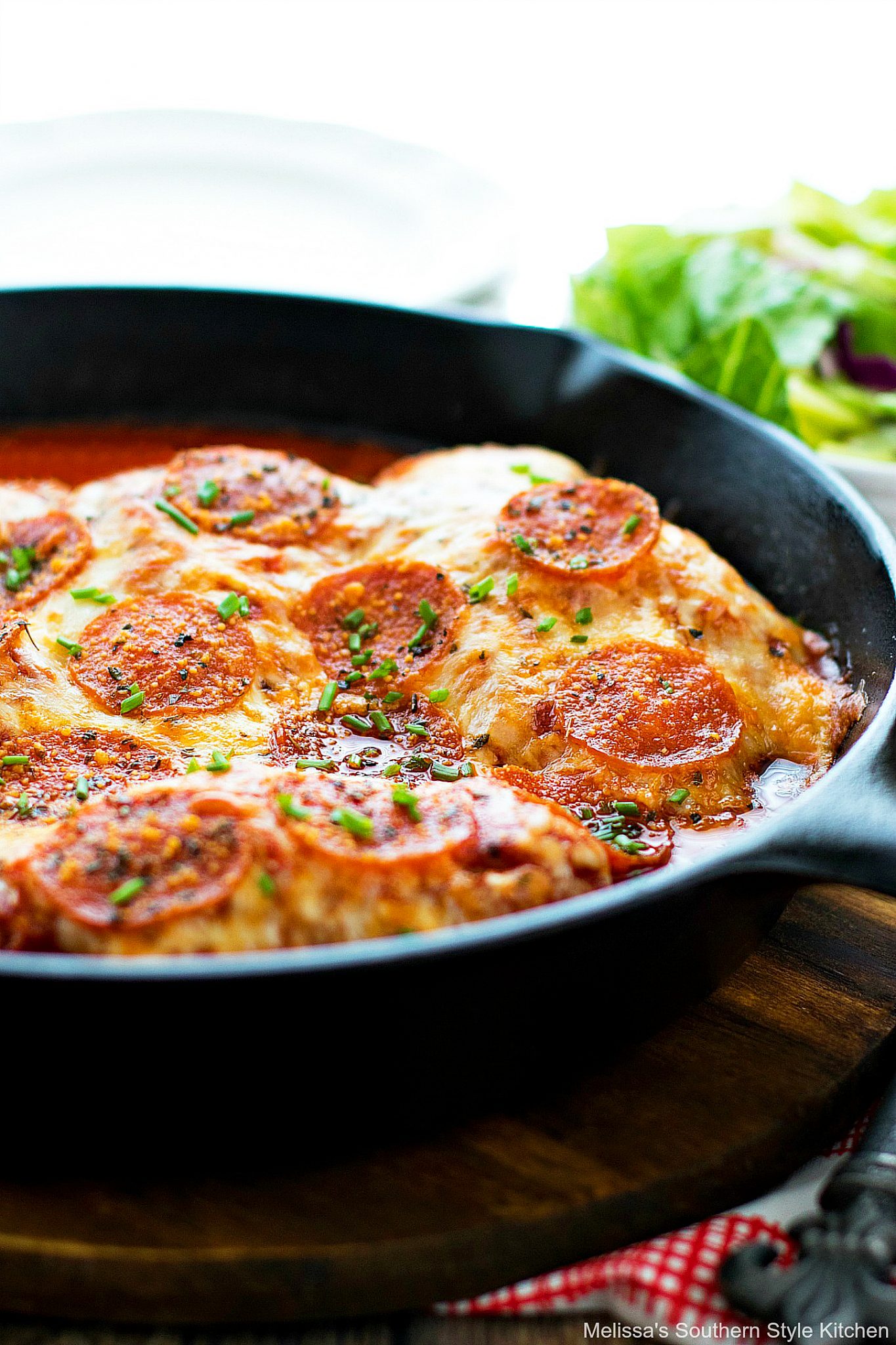 Pepperoni Pizza Chicken in a Cast Iron Skillet 