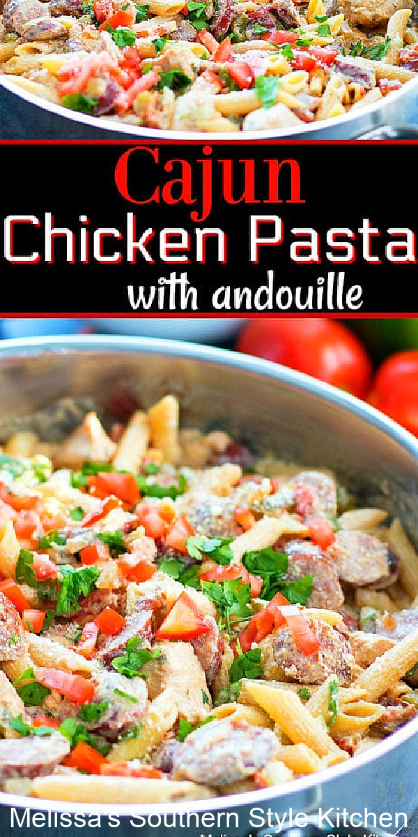 This easy Cajun Chicken Pasta with Andouille features a spicy cream sauce that's next level #cajun #cajunchicken #cajunpasta #andouille #chickencasseroles #30minutemeals #dinnerideas #easychickenbreastrecipes #southernfood via @melissasssk