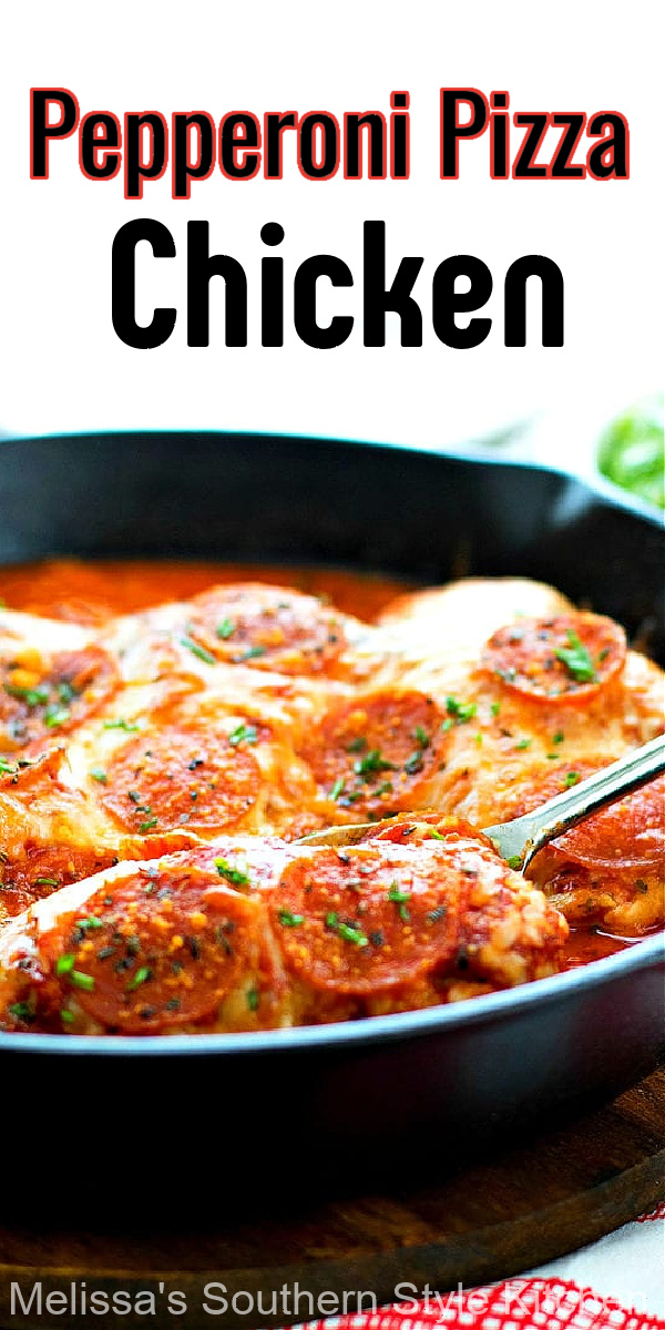 Serve this Pepperoni Pizza Chicken with spaghetti or linguine for your next Italian feast #pepperonipizzachicken #pepperonipizza #easychickenrecipes #Italian #dinnerideas #dinner #pepperoni #southernfood #southernrecipes