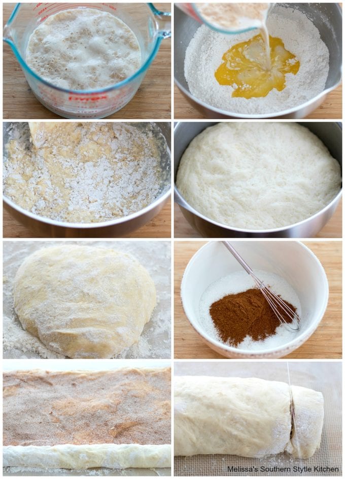 step-by-step images with flour butter and cinnamon roll dough