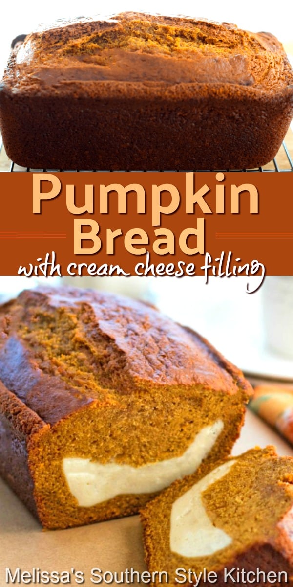 Savor fall flavors in this made-from-scratch Pumpkin Bread with Cream Cheese Filing #pumpkinbread #pumpkinrecipes #creamcheese #sweetbreadrecipes #cakes #fallbaking #thanksgiving #pumpkin #thanksgivingrecipes #holidaybaking #desserts #dessertfoodrecipes #southernfood #southernrecipes