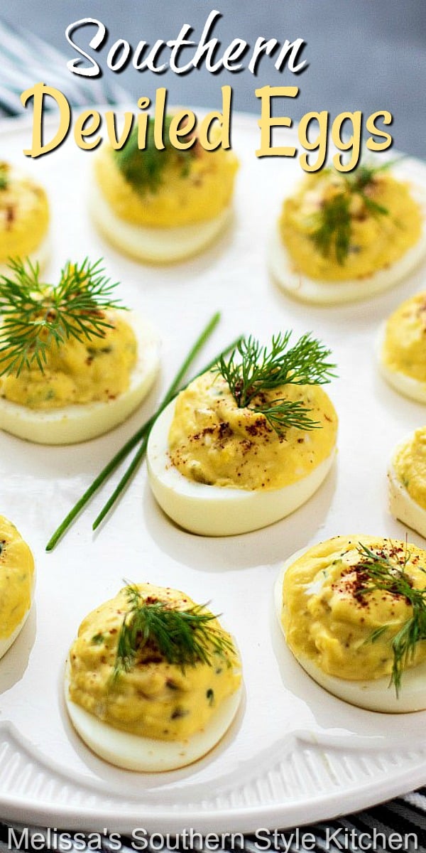 These Southern Deviled Eggs make the perfect two-bite appetizer or potluck side dish that won't break the bank #deviledeggs #eggs #eggrecipes #southerndeviledeggs #appetizers #bbqfood #southernfood #southernappetizers #sidedishrecipes #holidaysides #holidayrecipes