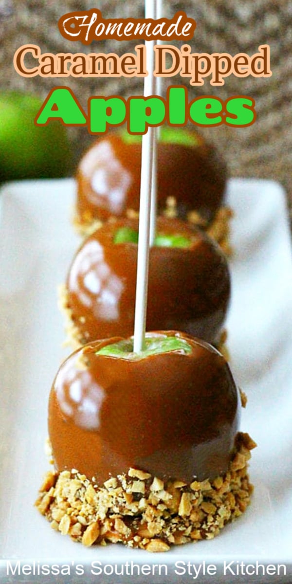 Dip your favorite variety of apples into this buttery homemade caramel and roll in nuts, candy, pretzels and more #carameldippedapples #caramelapples #homemadecaramel #apples #candyapples #halloween #fall #desserts #dessertfoodrecipes #southernfood #southernrecipes
