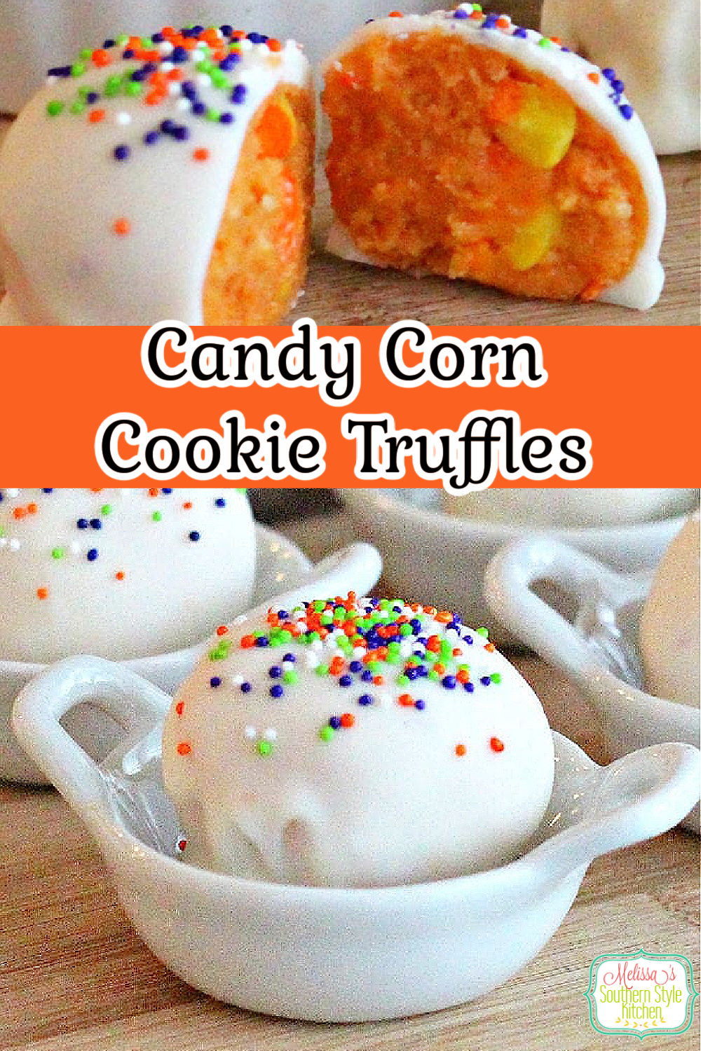 These two-bite Candy Corn Cookie Truffles require no baking at all #candycorn #candycorncookies #cookies #truffles #candycorntruffles #desserts #falldesserts #dessertfoodrecipes #trufflerecipes #fall #southernfood #southernrecipes