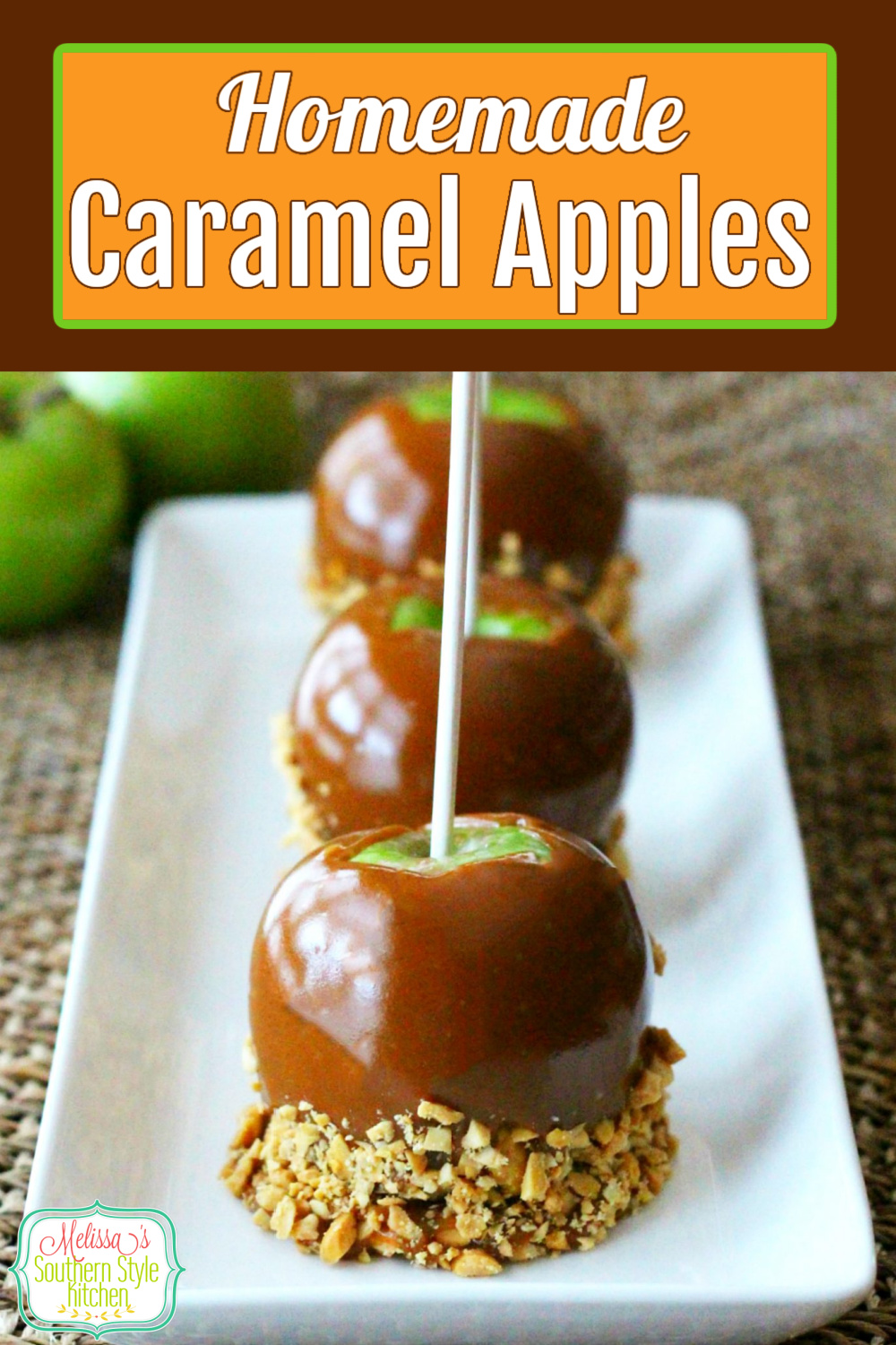 Make your own Caramel Dipped Apples using your favorite variety of apples into this buttery homemade caramel then roll them in nuts, candy, pretzels and more #carameldippedapples #caramelapples #homemadecaramel #apples #candyapples #halloween #fall #desserts #dessertfoodrecipes #southernfood #southernrecipes via @melissasssk