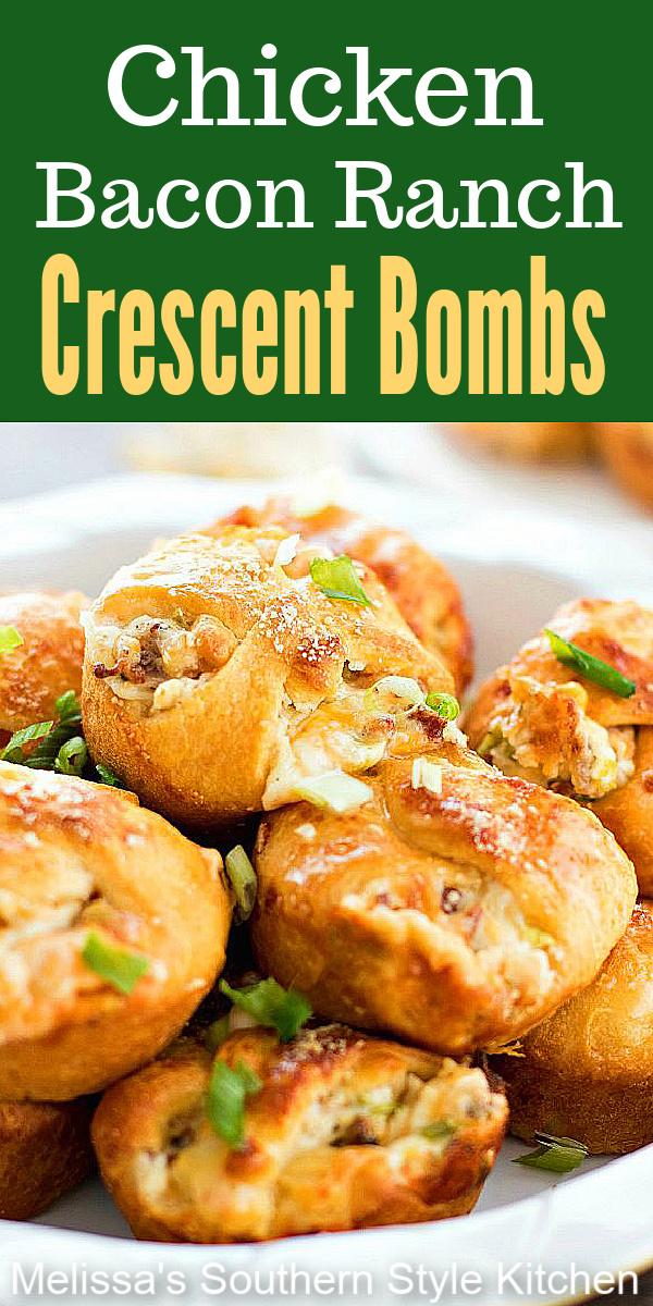 Chicken Bacon Ranch Crescent Bombs for game day snacks or casual meals #chickenbaconranch #chicken #chickenrecipes #bacon #ranchdressing #crescentrolls #crescentbombs #crescentrollrecipes #rotisseriechickenrecipes via @melissasssk