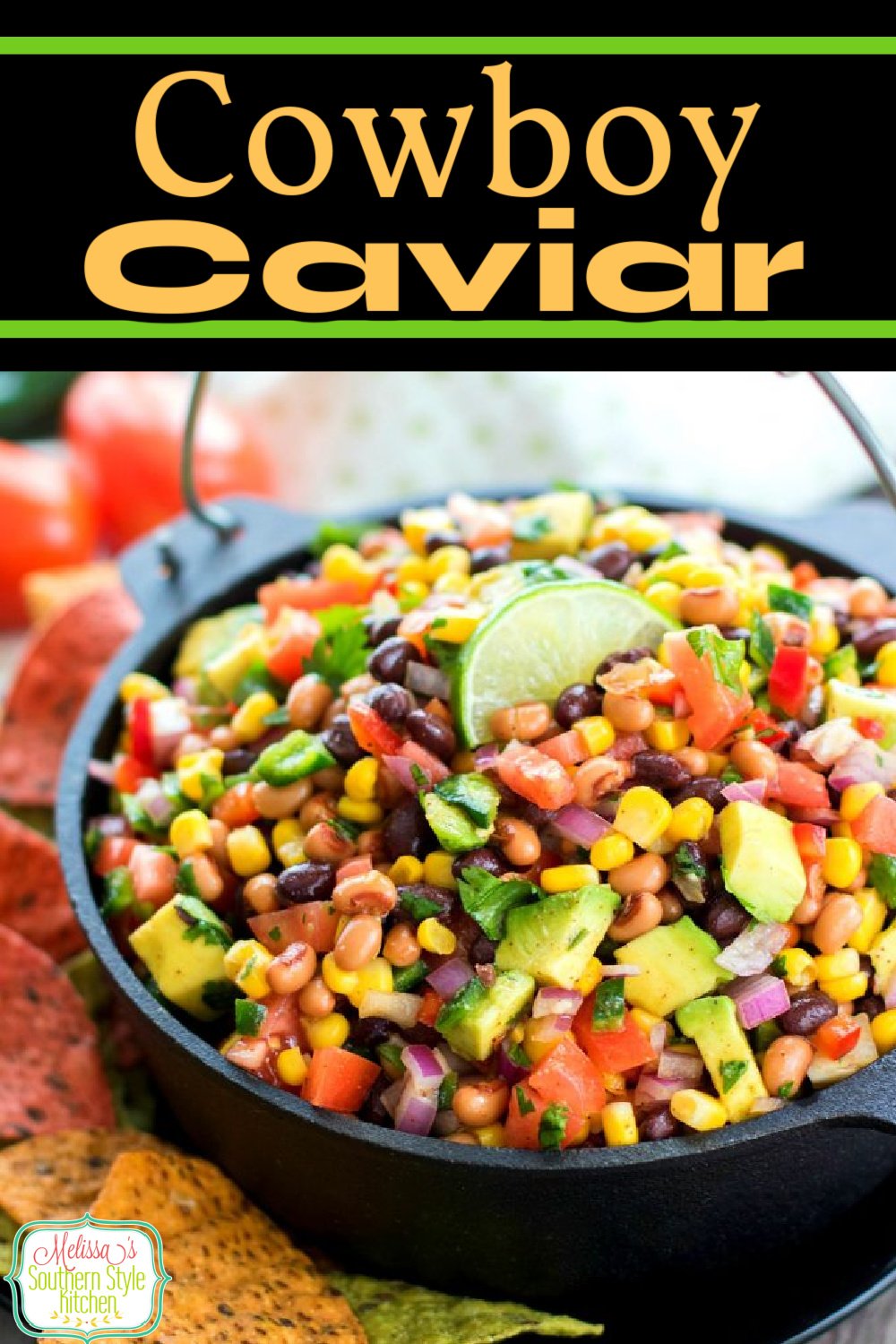 Serve this Cowboy Caviar as a party appetizer with tortilla chips for dipping or as a side dish and topping for salads and tacos #cowboycaviar #salsa #cornsalsa #cowboydip #corndip #southwesterncorndip #appetizers #cornandblackbeans #gamedayrecipes via @melissasssk
