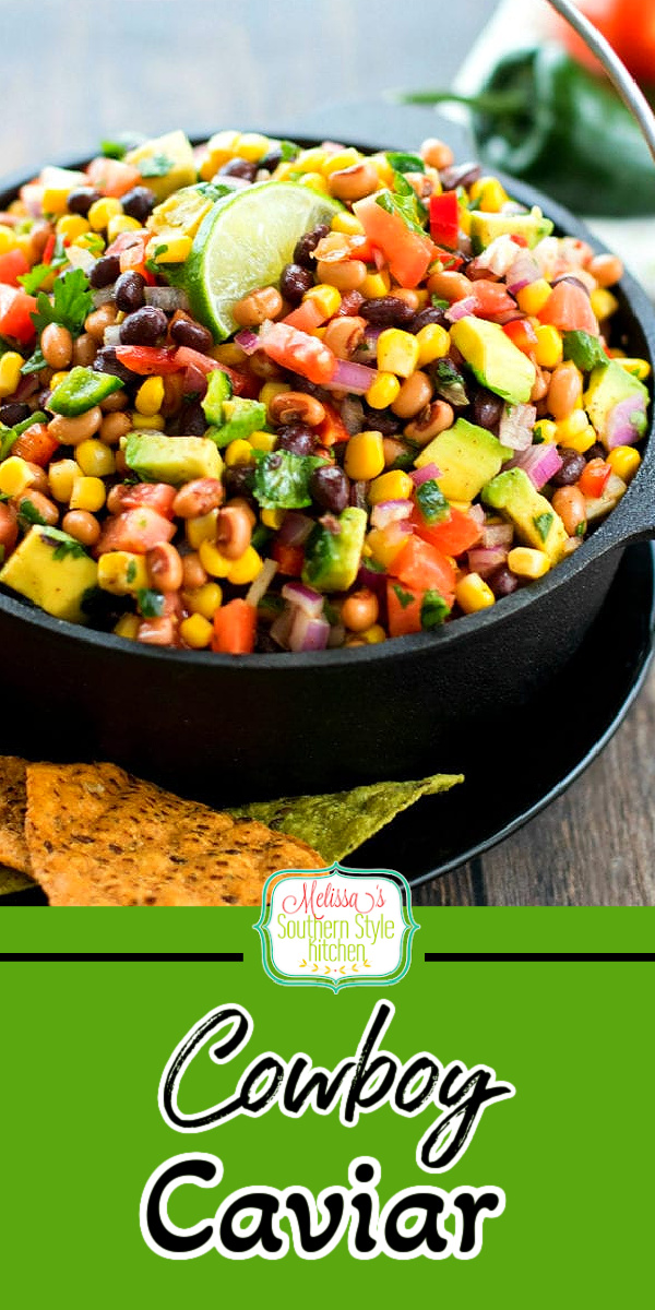 Serve this Cowboy Caviar as a party appetizer with tortilla chips for dipping or as a side dish and topping for salads and tacos #cowboycaviar #salsa #cornsalsa #cowboydip #corndip #southwesterncorndip #appetizers #cornandblackbeans #gamedayrecipes