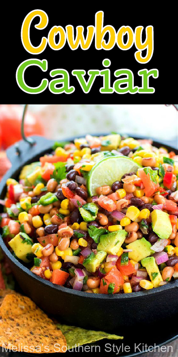 Serve this Cowboy Caviar as a party appetizer with tortilla chips for dipping or as a side dish and topping for salads and tacos #cowboycaviar #salsa #cornsalsa #cowboydip #corndip #southwesterncorndip #appetizers #cornandblackbeans #gamedayrecipes