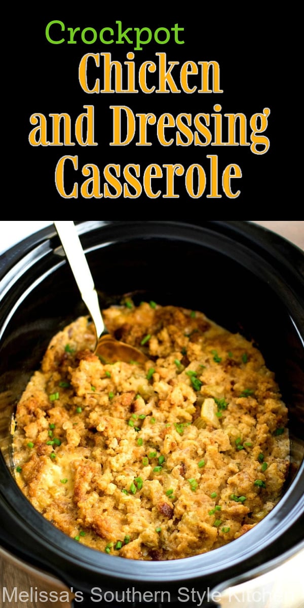 Make and serve this Crockpot Chicken and Dressing Casserole straight from your slow cooker #crockpotchicken #slowcookerchickenrecipes #chickenanddressingcasserole #easychickenrecipes #crockpotchickencasserole #dressing #dinner #dinnerideas #southernfood #southernrecipes #food #easyrecipes #southerncornbreaddressing