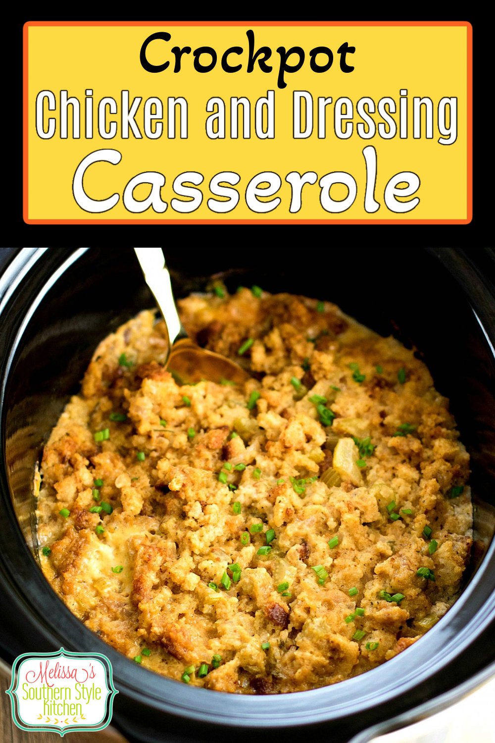 Make and serve this Crockpot Chicken and Dressing Casserole straight from your slow cooker #crockpotchicken #slowcookerchickenrecipes #chickenanddressingcasserole #easychickenrecipes #crockpotchickencasserole #dressing #dinner #dinnerideas #southernfood #southernrecipes #food #easyrecipes #southerncornbreaddressing