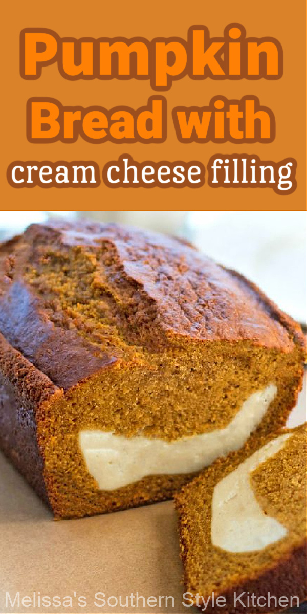 Savor fall flavors in this made-from-scratch Pumpkin Bread with Cream Cheese Filing #pumpkinbread #pumpkinrecipes #creamcheese #sweetbreadrecipes #cakes #fallbaking #thanksgiving #pumpkin #thanksgivingrecipes #holidaybaking #desserts #dessertfoodrecipes #southernfood #southernrecipes