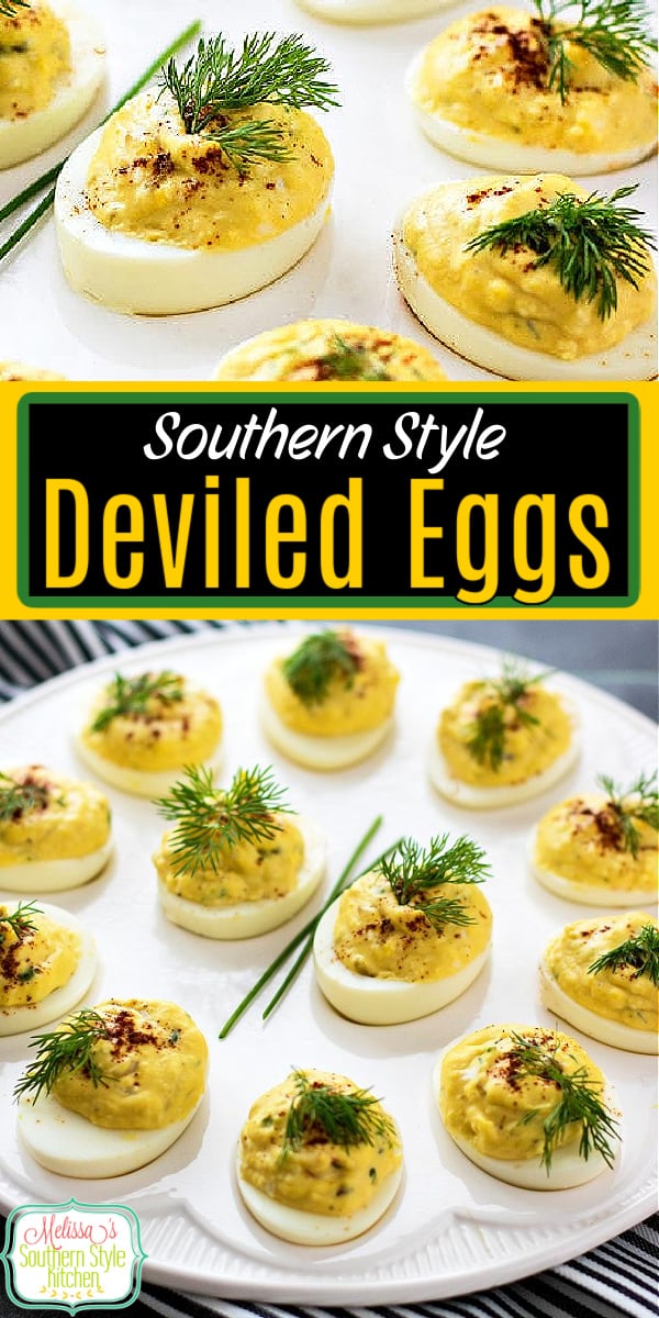 These Southern Deviled Eggs make the perfect two-bite appetizer or potluck side dish that won't break the bank #deviledeggs #eggs #eggrecipes #southerndeviledeggs #appetizers #bbqfood #southernfood #southernappetizers #sidedishrecipes #holidaysides #holidayrecipes via @melissasssk