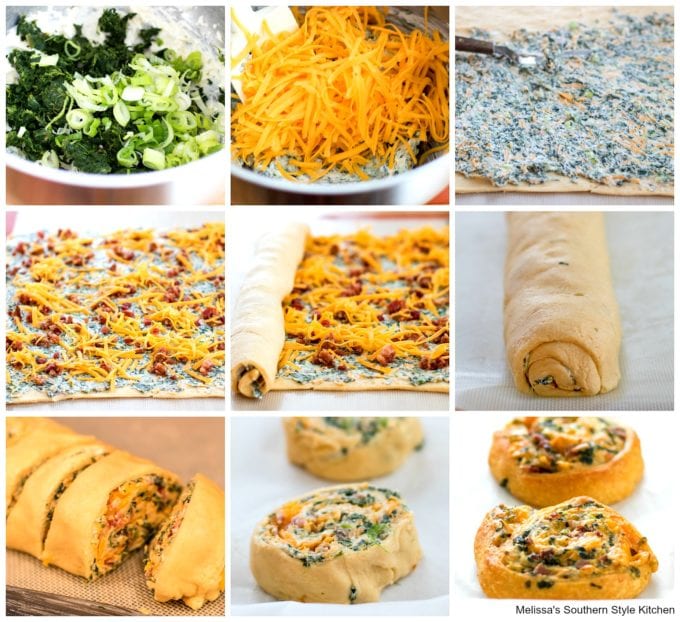 step-by-step preparation images spinach cheese and bacon with crescent rolls on a pan