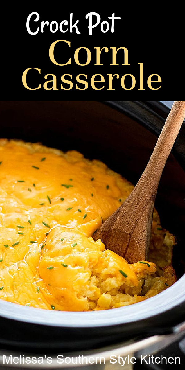 Free up oven space and make this delicious Crock Pot Corn Casserole in your slow cooker #corncasserole #crockpotcorn #crockpotcorncasserole #cornrecipes #sidedishrecipes #casseroles #southernrecipes #slowcookercorn #slowcookedrecipes