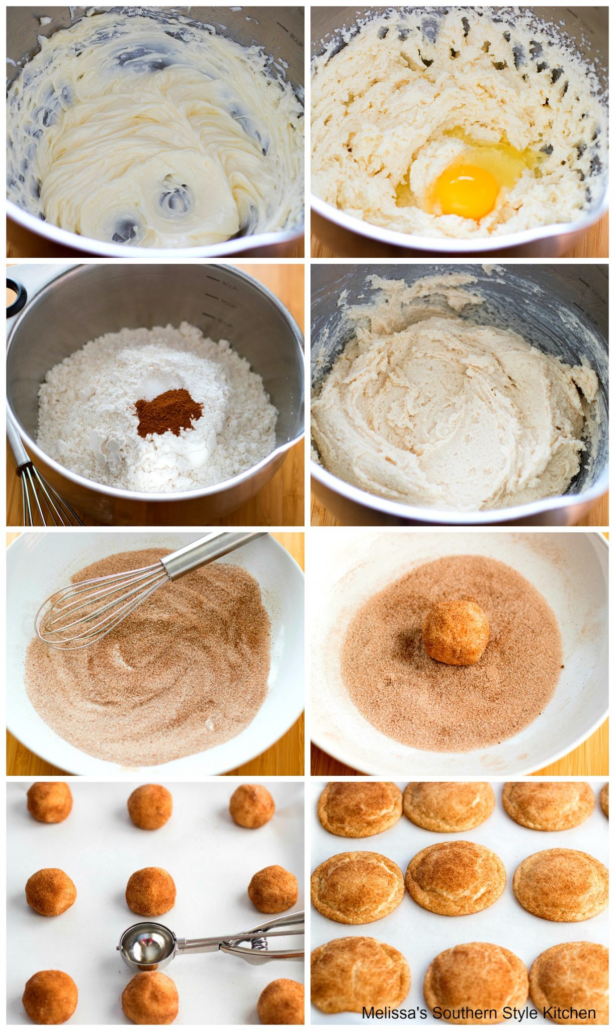 step-by-step preparation images, cookie dough in a mixing bowl and baked cookies