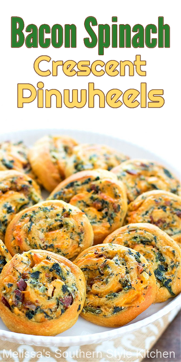 These easy Bacon Spinach Crescent Pinwheels come together in a snap #crescentrolls #easycrescentrollpinwheels #baconspinachpinwheels #crescentrollrecipes #easyappetizers #easyappetizerrecipes #holidaybrunch #southernfood #christmasrecipes #newyearseve #spinach #baconrecipes #pinwheels #southernrecipes