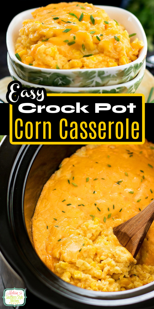 Free up oven space and make this delicious Crock Pot Corn Casserole in your slow cooker #corncasserole #crockpotcorn #crockpotcorncasserole #cornrecipes #sidedishrecipes #casseroles #southernrecipes #slowcookercorn #slowcookedrecipes via @melissasssk