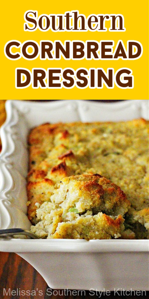 Mouthwatering Southern Cornbread Dressing topped with a drizzle of gravy is the perfect holiday side #dressing #cornbreaddressing #stuffing #southerndressing #thanksgiving #holidaysides #holidaybaking Thanksgiving #christmas #southernfood #cornbread #southernrecipes