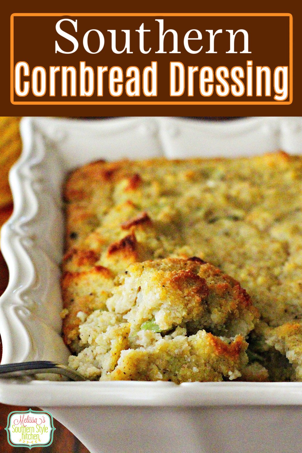 Mouthwatering Southern Cornbread Dressing topped with a drizzle of gravy is the perfect holiday side #dressing #cornbreaddressing #stuffing #southerndressing #thanksgiving #holidaysides #holidaybaking Thanksgiving #christmas #southernfood #cornbread #southernrecipes via @melissasssk