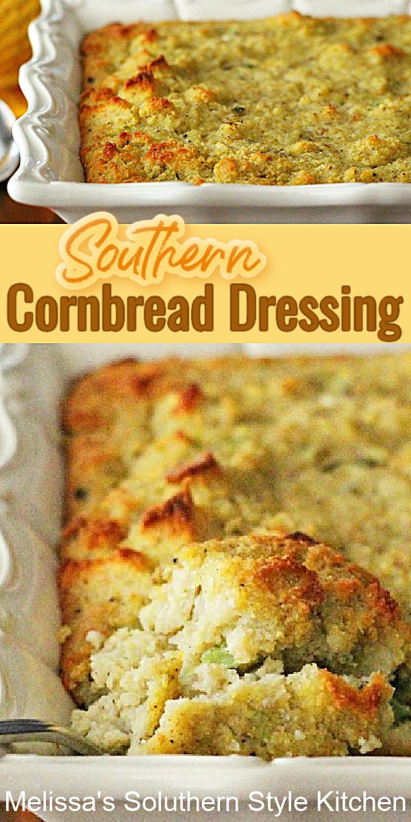 Mouthwatering Southern Cornbread Dressing topped with a drizzle of gravy is the perfect holiday side #dressing #cornbreaddressing #stuffing #southerndressing #thanksgiving #holidaysides #holidaybaking Thanksgiving #christmas #southernfood #cornbread #southernrecipes