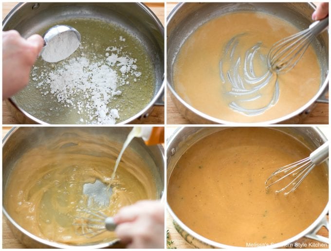 step-by-step preparation images to make gravy in a skillet