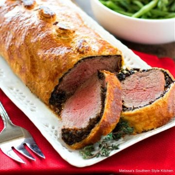 Beef Wellington wrapped in puff pastry