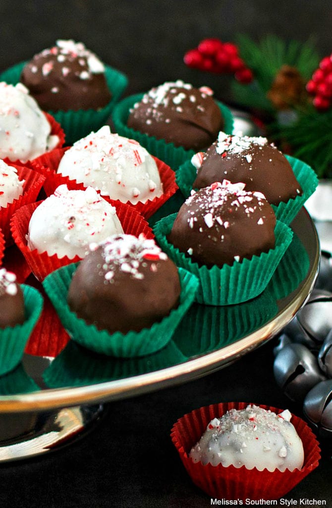 peppermint truffles on a cake stand