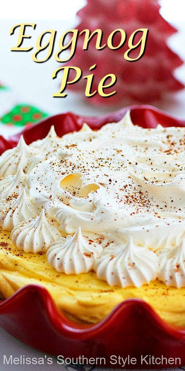 Filled with classic eggnog flavor this fluffy Eggnog Pie is a holiday must make #eggnogpie #eggnogrecipes #nobakepies #pierecipes #christmasdesserts #dessertfoodrecipes #southernfood #southernrecipes #eggnog