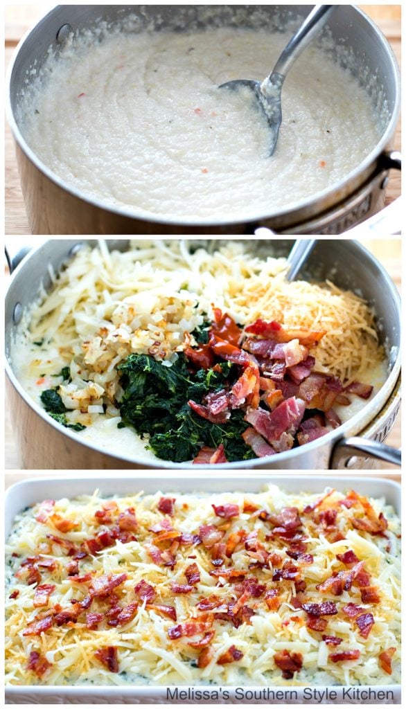 grits greens and bacon in a dish