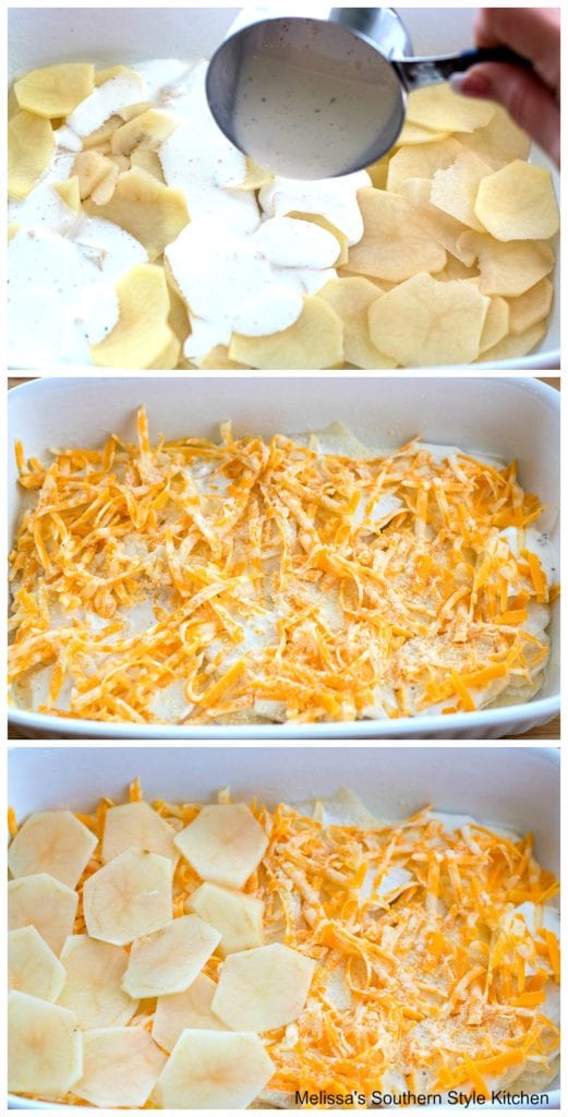 thinly sliced potatoes in a baking dish with shredded cheese