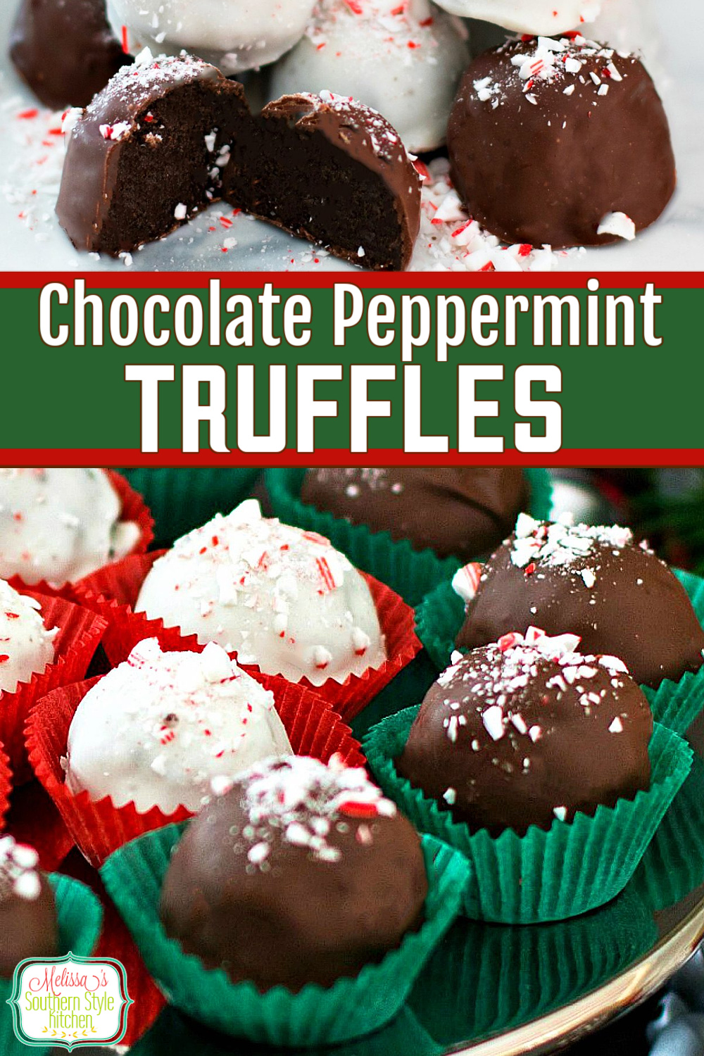 These easy two-bite Chocolate Peppermint Truffles require no cooking at all #oreotruffles #pepperminttruffles #chocolatepepperminttruffles #easydessertrecipes #holidayrecipes #desserts #holidaydesserts #christmascandy #dessertfoodreipes #easyrecipes #chocolate #southernrecipes #southernfood #melissassouthernstylekitchen #peppermintdesserts via @melissasssk