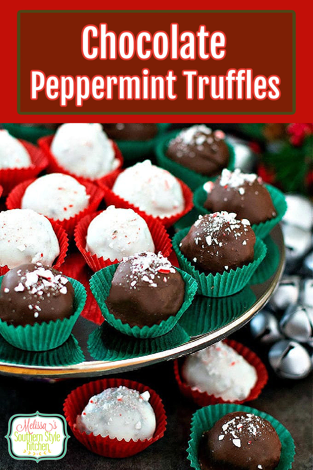 These easy two-bite Chocolate Peppermint Truffles require no cooking at all #oreotruffles #pepperminttruffles #chocolatepepperminttruffles #easydessertrecipes #holidayrecipes #desserts #holidaydesserts #christmascandy #dessertfoodreipes #easyrecipes #chocolate #southernrecipes #southernfood #melissassouthernstylekitchen #peppermintdesserts