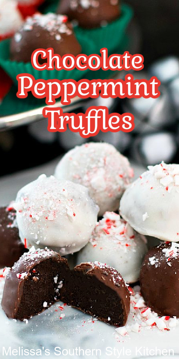 These easy two-bite Chocolate Peppermint Truffles require no cooking at all #oreotruffles #pepperminttruffles #chocolatepepperminttruffles #easydessertrecipes #holidayrecipes #desserts #holidaydesserts #christmascandy #dessertfoodreipes #easyrecipes #chocolate #southernrecipes #southernfood #melissassouthernstylekitchen #peppermintdesserts