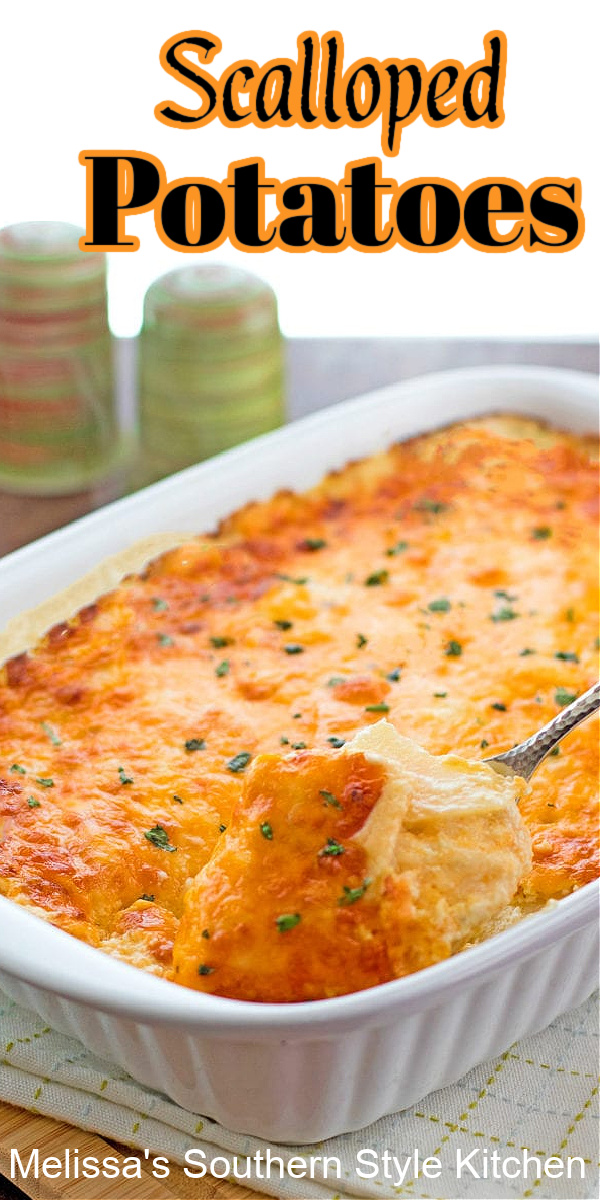 This cheesy Scalloped Potatoes Recipe will turn any occasion into something special #scallopedpotatoes #potatocasserole #cheesypotatoes #potaoes #casseroles #potatogratin #augratinpotatoes #holidaysides #southernrecipes #dinnerideas #southernfood #melissassouthernstylekitchen