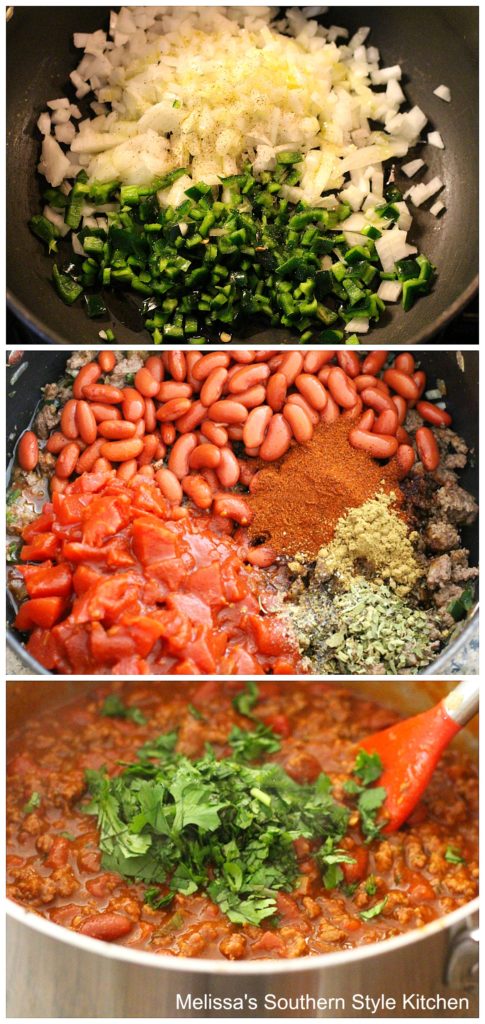onions-peppers-ground-beef-beans in a pot