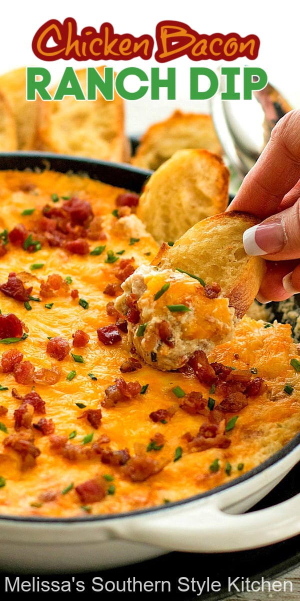 This gooey Chicken Bacon Ranch Dip is impossible to resist. It's practically a meal on it's own perfect for those days you want to dip your dinner #chickenbaconranch #chickenbacondip #bacondip #diprecipes #ranchdressing #easychickenrecipes #appetizers #bacon #southernfood #southernrecipes #tailgating #footballfood #gamedayrecipes #holidayrecipes