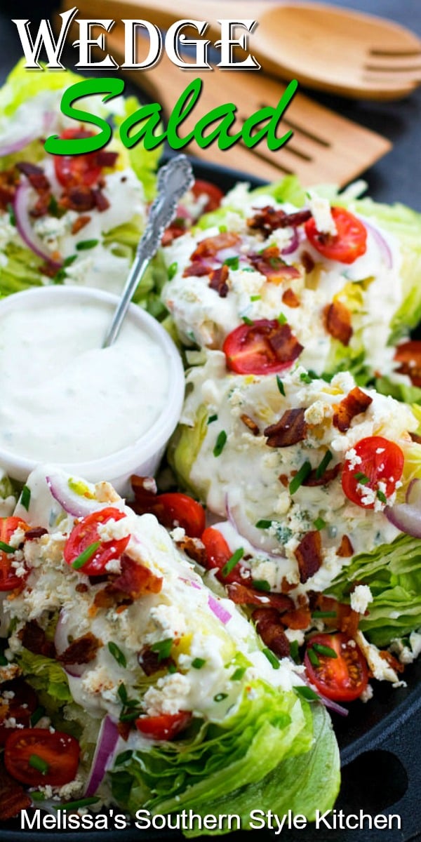 This Classic Wedge Salad with homemade bleu cheese dressing is the perfect side dish for any meal #wedgesalad #saladrecipes #salads #bleucheesedressing #sidedishrecipes #grilling #dinnerideas #dinner #Southernrecipes #southernfood #bacon