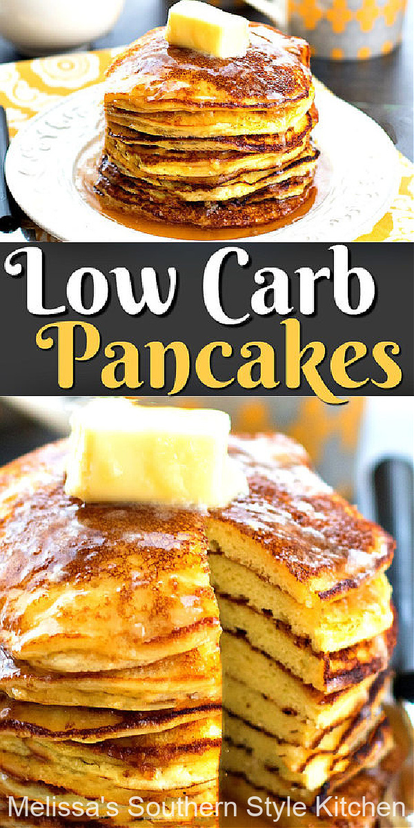 Leave the guilt behind and enjoy a big stack of these fluffy almond flour Low Carb Pancakes #lowcarb #pancakes #lowcarbpancakes #almondflourpancakes #almondflourrecipes #glutenfreerecipes #southernfood #southernrecipes