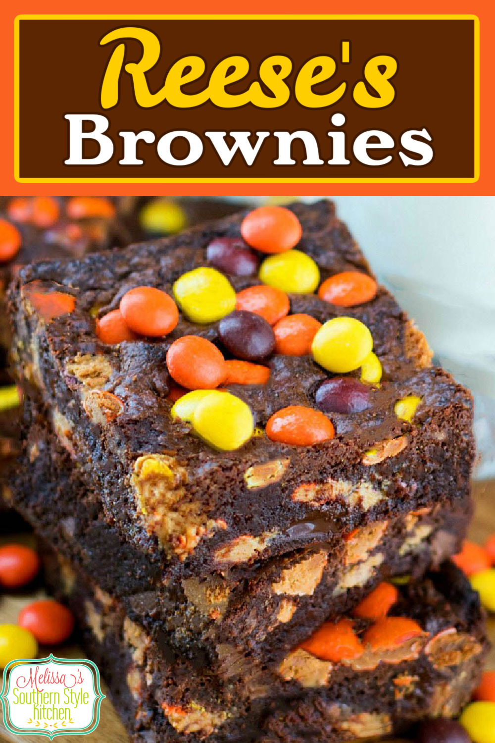 Fudgy Reese's Pieces Brownies are filled with chocolate chips, peanut butter cups and Reese's pieces, making these brownies hard to resist. #reesesbrownies #brownies #bestbrownies #peanutbutterbrownies #chocolate #chocolatebars #reesespieces #desserts #dessertfoodrecipes #holidaybaking #holidays #footballdesserts #peanutbutter #southernfood #southernrecipes #melissassoutherntylekitchen via @melissasssk