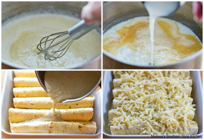 Step-by-step preparation images and ingredients for enchiladas