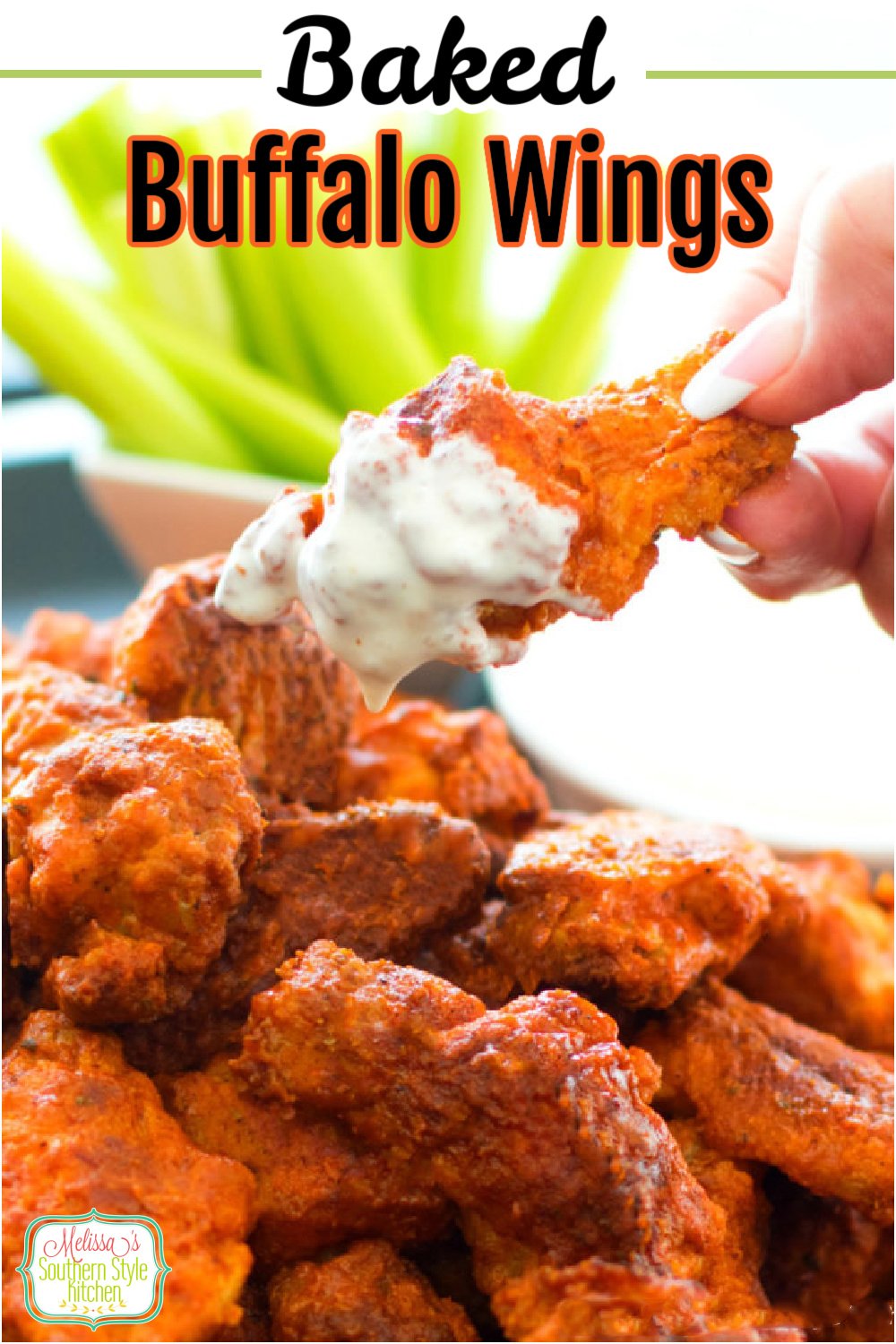 Skip the oil and make this crispy Baked Buffalo Wings Recipe in the oven in a snap #wings #buffalowings #chickenwings #bakedbuffalowings #chicken #chickenrecipes #easywings #easyrecipes #partyfood #appetizer #classicbuffalowingsrecipe #southernrecipes #bestbuffalowingsrecipe #southernfood #melissassouthernstylekitchen