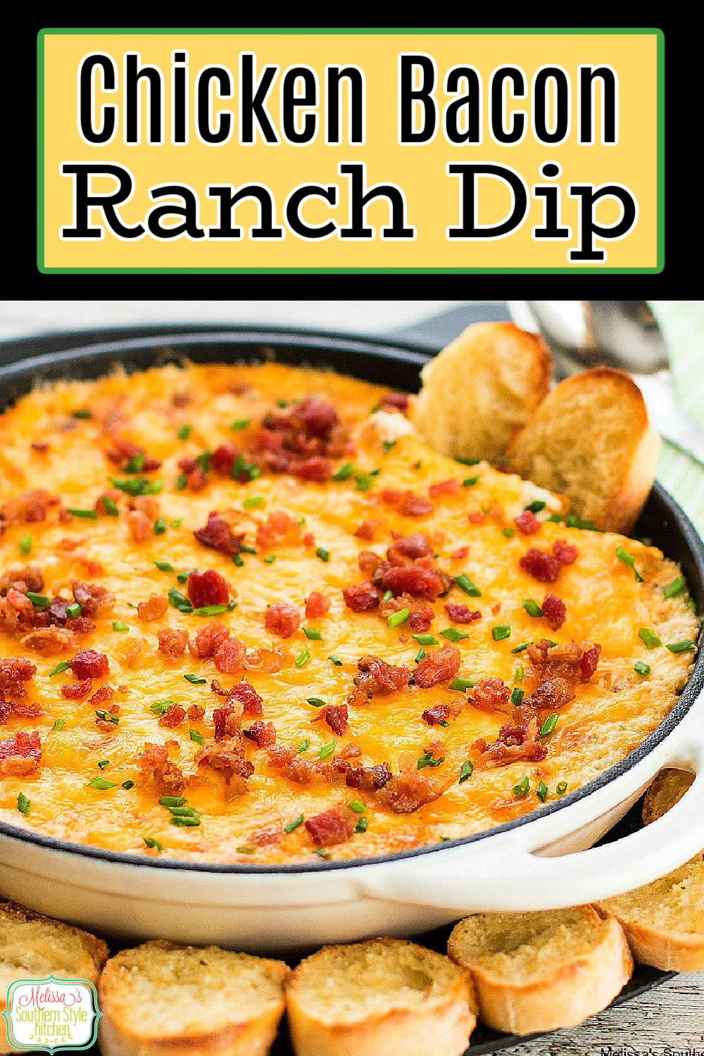 This gooey Chicken Bacon Ranch Dip is impossible to resist. It's practically a meal on it's own perfect for those days you want to dip your dinner #chickenbaconranch #chickenbacondip #bacondip #diprecipes #ranchdressing #easychickenrecipes #appetizers #bacon #southernfood #southernrecipes #tailgating #footballfood #gamedayrecipes #holidayrecipes via @melissasssk