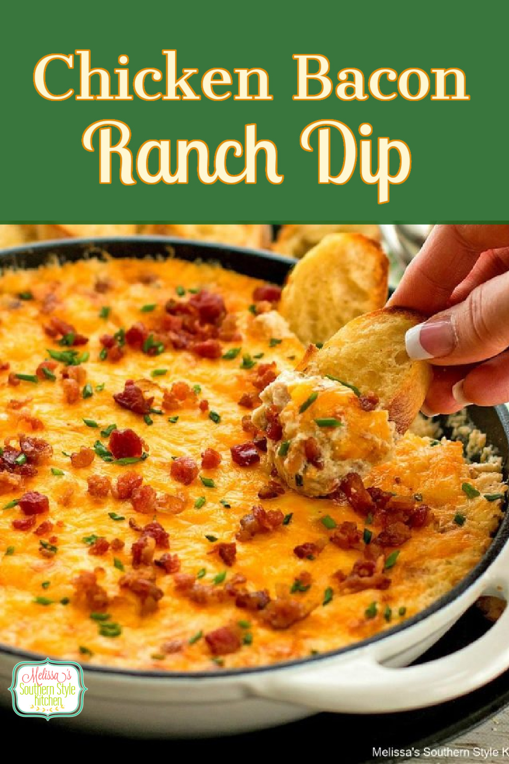 This gooey Chicken Bacon Ranch Dip is impossible to resist. It's practically a meal on it's own perfect for those days you want to dip your dinner #chickenbaconranch #chickenbacondip #bacondip #diprecipes #ranchdressing #easychickenrecipes #appetizers #bacon #southernfood #southernrecipes #tailgating #footballfood #gamedayrecipes #holidayrecipes