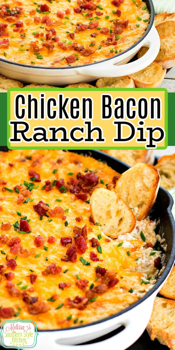 This gooey Chicken Bacon Ranch Dip is impossible to resist. It's practically a meal on it's own perfect for those days you want to dip your dinner #chickenbaconranch #chickenbacondip #bacondip #diprecipes #ranchdressing #easychickenrecipes #appetizers #bacon #southernfood #southernrecipes #tailgating #footballfood #gamedayrecipes #holidayrecipes via @melissasssk