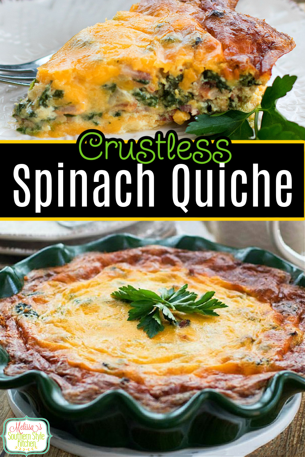 This cheesy deep dish Crustless Spinach Quiche with bacon makes a scrumptious entrée for brunch, lunch or dinner #crustlessquiche #spinachquiche #quicherecipes #bacon #spinachbaconquiche #breakfastrecipes #brunchrecipes via @melissasssk