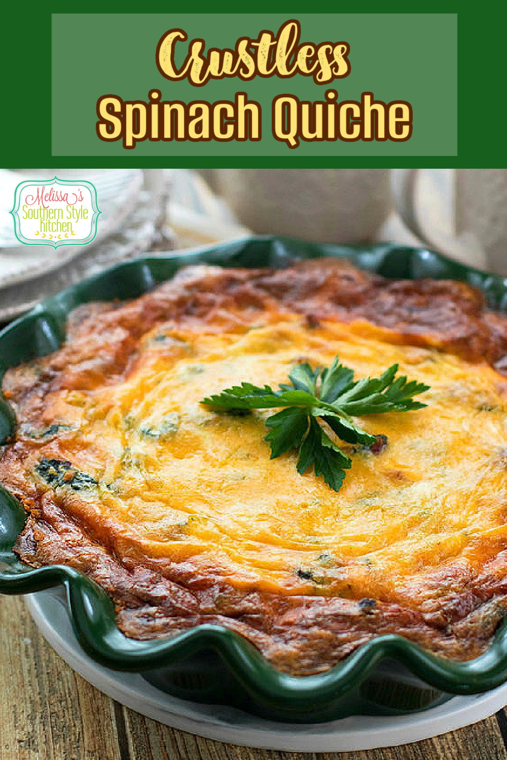 This cheesy deep dish Crustless Spinach Quiche with bacon makes a scrumptious entrée for brunch, lunch or dinner #crustlessquiche #spinachquiche #quicherecipes #bacon #spinachbaconquiche #breakfastrecipes #brunchrecipes