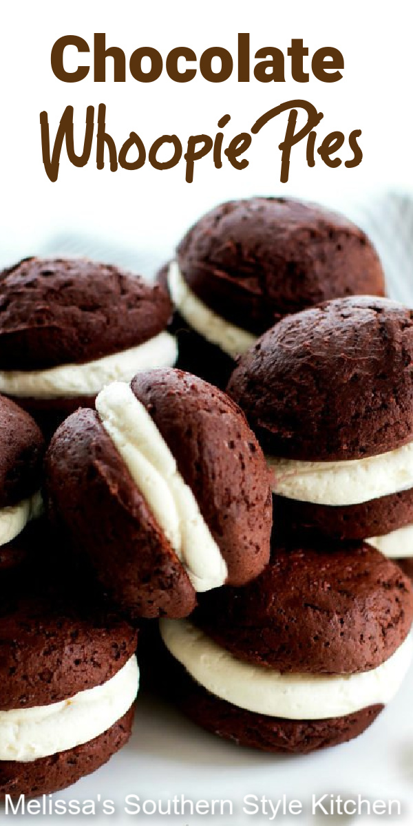 Soft pillowy chocolate cookies sandwiched with a marshmallow cream is the ultimate handheld treat #whoopiepies #chocolate #chocolatewhoopiepies #chocolatepie #holidaybaking #holidaydesserts #marshmallows #cookies #southernfood #southernrecipes #desserts #dessertfoodrecipes