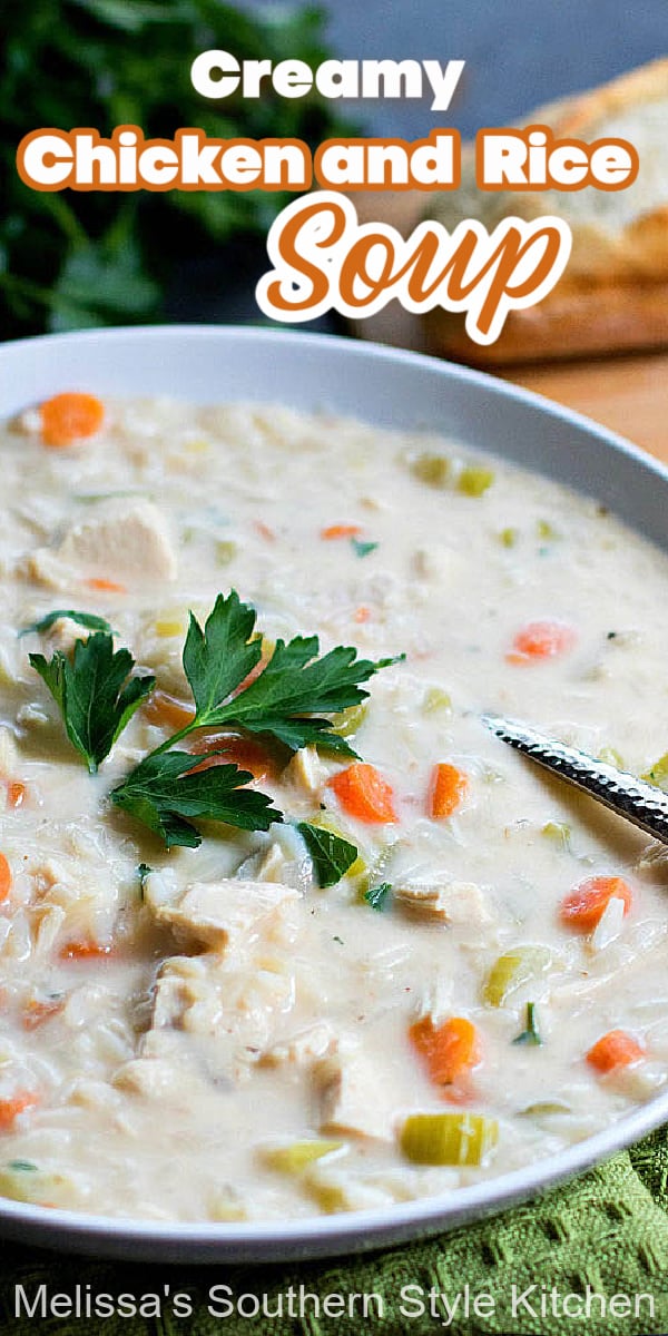 Cozy up to a bowl of Easy Creamy Chicken Rice Soup for dinner tonight #chickenricesoup #chickensoup #creamychicken #chickenrecipes #souprecipes #easyrecipes #chicken #soup #food #recipes #dinnerideas #dinner #southernrecipes #southernfood #meloissassouthernstylekitchen